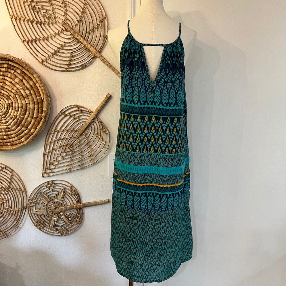 Prana Teal, Navy & Mustard Patterned Halter Midi Dress